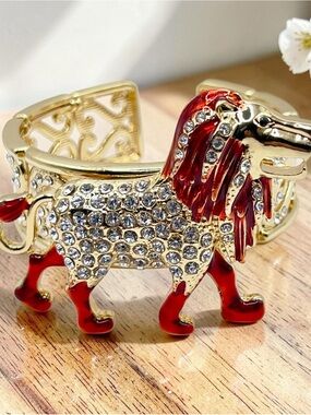Gold Lion Crystal Cuff Bracelet with Red Enamel Accents